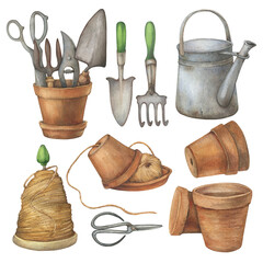 Set vintage garden utensils: terracotta ceramic pots, garden tools, watering can, twine holders - rustic farmhouse decor. Watercolor hand drawn illustration on white background - 691383745