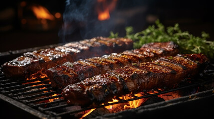 bbq pork ribs cooking on flaming grill shot with selective focus - obrazy, fototapety, plakaty
