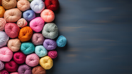 Fototapeta na wymiar Colorful balls of wool on wooden table. Variety of yarn balls