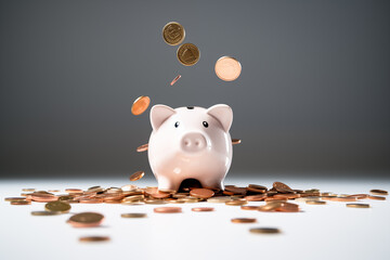Golden coins falling into a pink piggy  saving bank , Financial and money deposit concep