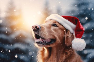 Cute golden retriever dog wearing Christmas red Santa Claus hat in snow falling sky scene. Winter Forest Landscape