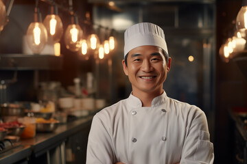 Smiling_male_chef_stands_against_the_background_of restaurant 