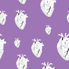 Beautiful seamless pattern of realistic white hearts on a purple background. Hand drawn illustration for original St Valentine's Day, cardiology materials or clinic decor.