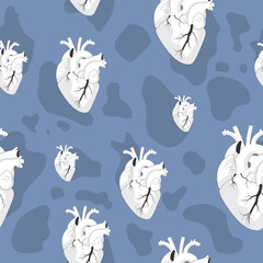 Beautiful seamless pattern of realistic white hearts on a deep blue background with shadow spots. Hand drawn illustration for original St Valentine's Day, cardiology materials or clinic decor.