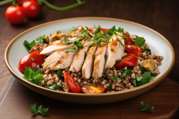 Buckwheat with chicken breast, baked with vegetables. Rich source of protein, fiber and vitamins to keep you energized and fit during your workouts