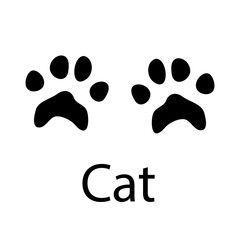 Cat track paw print, black on white , graphic design doodle style, minimalistic , domestic pet kitty cute animal for different design uses , card , book , banner ,tattoo , fabric or other design	