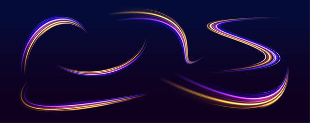 Shiny wavy path. Rotating dynamic neon circle. Colored shiny sparks of spiral wave. Curved bright speed line swirls. 