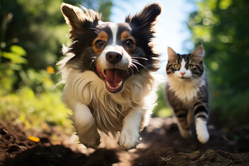 Cat and dog running in the garden use for the National Pet Day