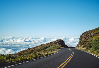 Hawaiian pass road above the clouds and to the skies, On the way to Haleakala Crater, Maui Hawaii