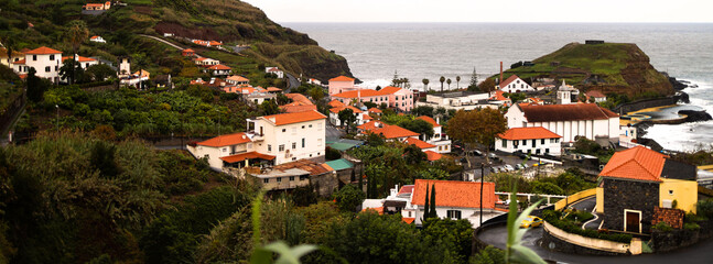the town of porto da cruz madeira island panorama - obrazy, fototapety, plakaty