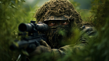 Military commando dressed in ghillie camouflage  - obrazy, fototapety, plakaty