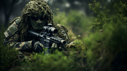 Military commando dressed in ghillie camouflage  - obrazy, fototapety, plakaty