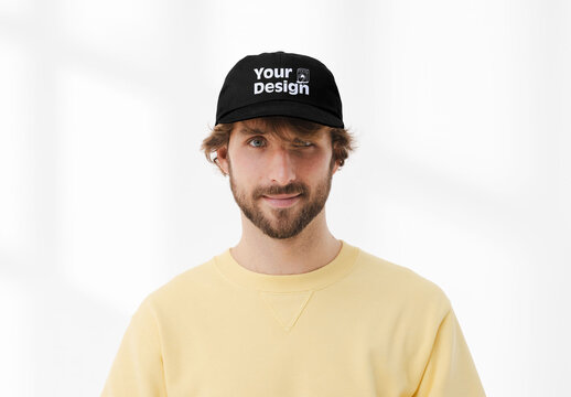 Mockup of man wearing customizable baseball cap, front view