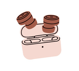 Wireless earbuds in case. Cordless earphones in box. Mobile earplugs, ear phones. Audio sound device, music listening accessory. Small buds. Flat vector illustration isolated on white background