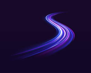 Modern abstract high-speed light motion effect on black background. Speed light streaks vector background with blurred fast moving light effect, blue purple colors on black.	