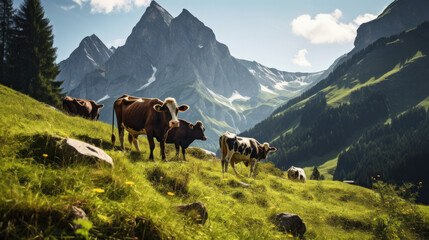 Fototapeta na wymiar Happy cows grazing in alpine meadows. Eco friendly farming. 