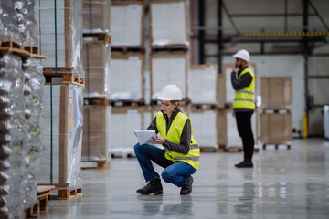 Female warehouse worker reading product order, order picking. Warehouse manager checking delivery, stock in warehouse, inspecting products for shipment.