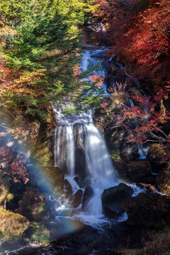 Ryuzu Waterfall with rainbow in autumn forest in Nikko, Japan