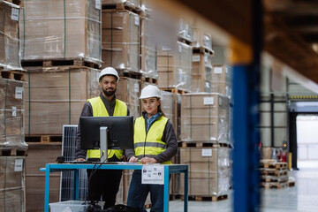 Warehouse manager talking with logistics employee in warehouse, planning transport of products,...