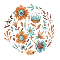 A composition with blue and gold flowers, leaves and branches in a circle. Watercolor illustration. Plants. Decorative. Nature. Beautiful. Cute. A postcard and a card. Art. Design. Handmade work.