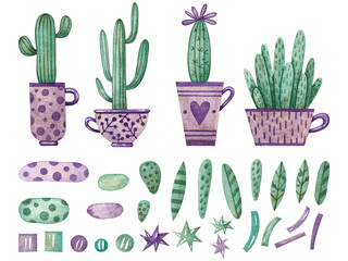 A set with cute cacti in pots and different elements. Watercolor illustration. Plants and flowers. Purple and green. Decorative. Succulents. Handmade work. Art. Design. Plain.Postcards and cards.