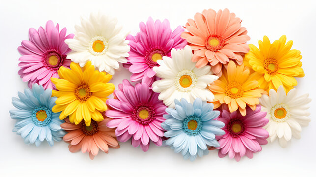 Multi colored daisies isolated on white background.