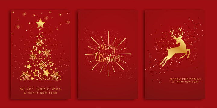 Merry Christmas and Happy New Year. Gold deer, snowflakes, Christmas trees on a red background, set of Christmas cards for your design, winter vector illustration.