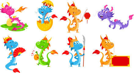 Cute Chinese Dragon Cartoon Characters. Year Of The Dragon Zodiac. Vector Flat Design Collection Set Isolated On Transparent Background