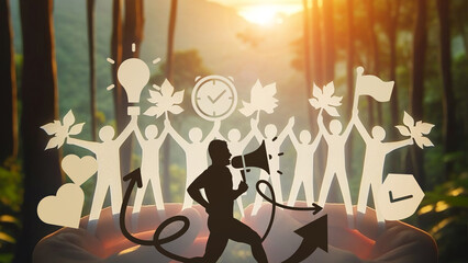 Business leader with mental health care and healthy exercise in background of nature in the forest with evening sunlight. colleague, paper cutting, team, , care, arrow, journey, banner, 3D rendering