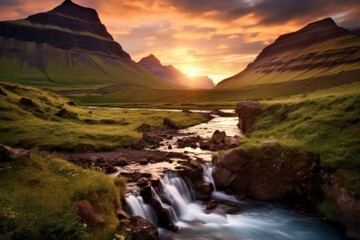 Naklejka premium Serene Mountain Valley at Sunset