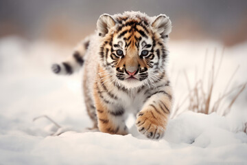 Obraz premium Young Tiger Cub Prowling in Snow
