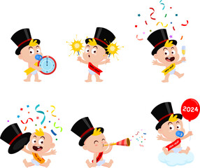 Cute New Year Baby Cartoon Character. Vector Flat Design Collection Set Isolated On Transparent Background