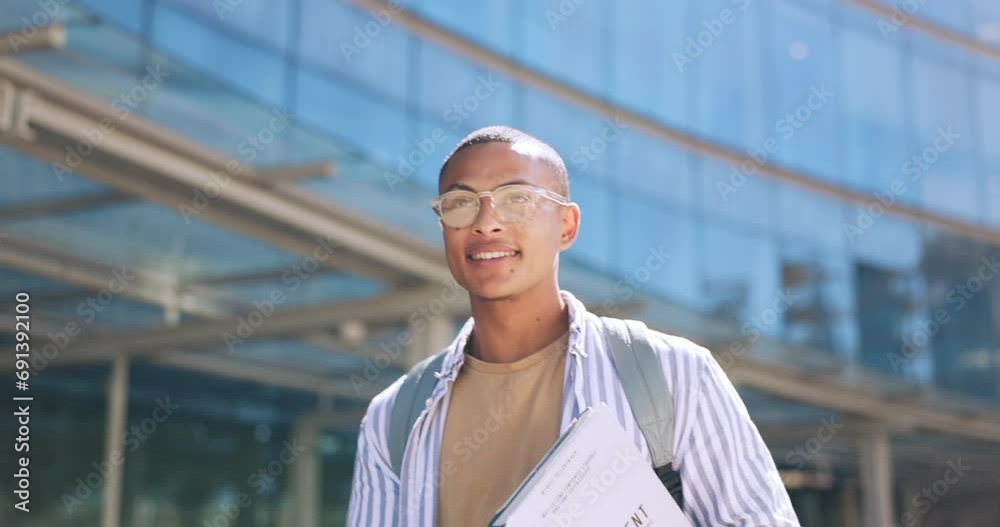 Poster student, walking and man with phone in university for social media, internet and online website. edu