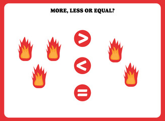 More, less or equal. Educational counting game for kids. Learning mathematic with flame.