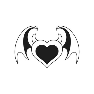 Y2k devil heart with horns and bat wings Halloween comic monochrome line retro groovy icon vector