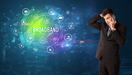 Businessman thinking about modern technology