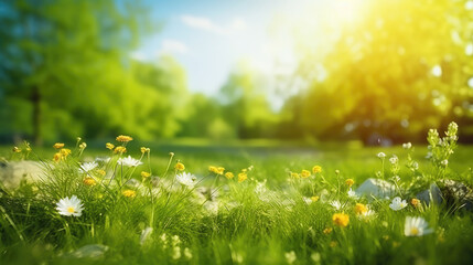A beautiful spring summer meadow. Natural colorful panoramic landscape with many wild flowers of daisies against blue sky. A frame with soft selective focus. - obrazy, fototapety, plakaty