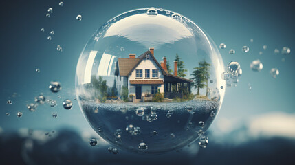 Needles surrounding house inside a floating bubble