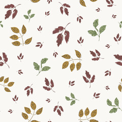 Leaf leaf vector seamless background pattern. Backdrop with leaves on neutral white backdrop. Scattered sprigs all over print. Decorative botanical repeat for fabric, wrapping, wallpaper