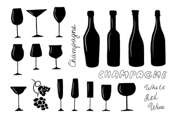 Set of silhouettes of alcohol bottles and glasses of different sizes and shapes in doodle style. Alcoholic drinks. Champagne, wine. Great for bar menu, banner, greeting card, celebration. Hand drawn