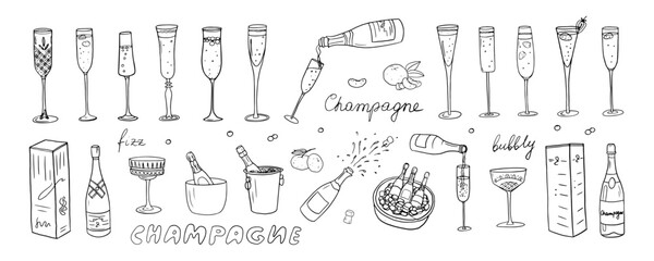 Big set of champagne bottles and glasses in doodle style. Alcohol drinks. Tangerine, ice cubes, strawberry.   Great for bar menu, banner, greeting card, holiday, wedding, New Year celebration © Natalia