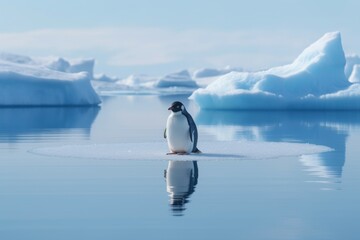 Lonely Penguin Standing on a Melting Ice Floe
