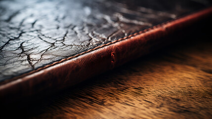 Antique leather book cover texture background, displaying the rich, weathered patina of aged leather with embossed details. Perfect for vintage and literature-themed designs, Brown leather cover of el - obrazy, fototapety, plakaty