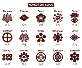 japanese kamon crests of  samurai clans on white background