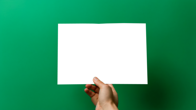 hand holds a sheet of paper on a green background