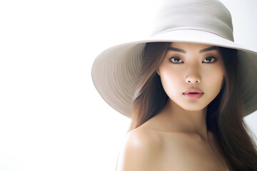 Elegant Asian Woman in a Pink Off-Shoulder Dress and Hat