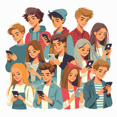 Teenagers using smartphones. Youth characters holding smartphone isolated on white background. Vector illustration in flat style.