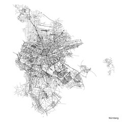 Nuremberg city map with roads and streets, Germany. Black and white. Vector outline illustration.