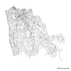Vila Nova de Gaia city map with roads and streets, Portugal. Vector outline illustration.