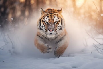 Fototapeta na wymiar Siberian Tiger Pouncing in Snowy Wilderness